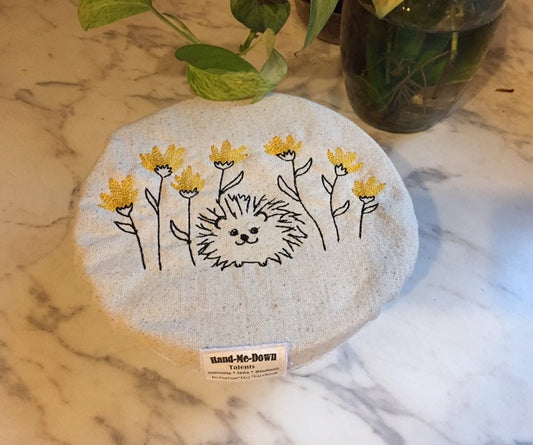 Reusable Embroidered Bowl Cover on 100% US Cotton Hedgehog and Flowers